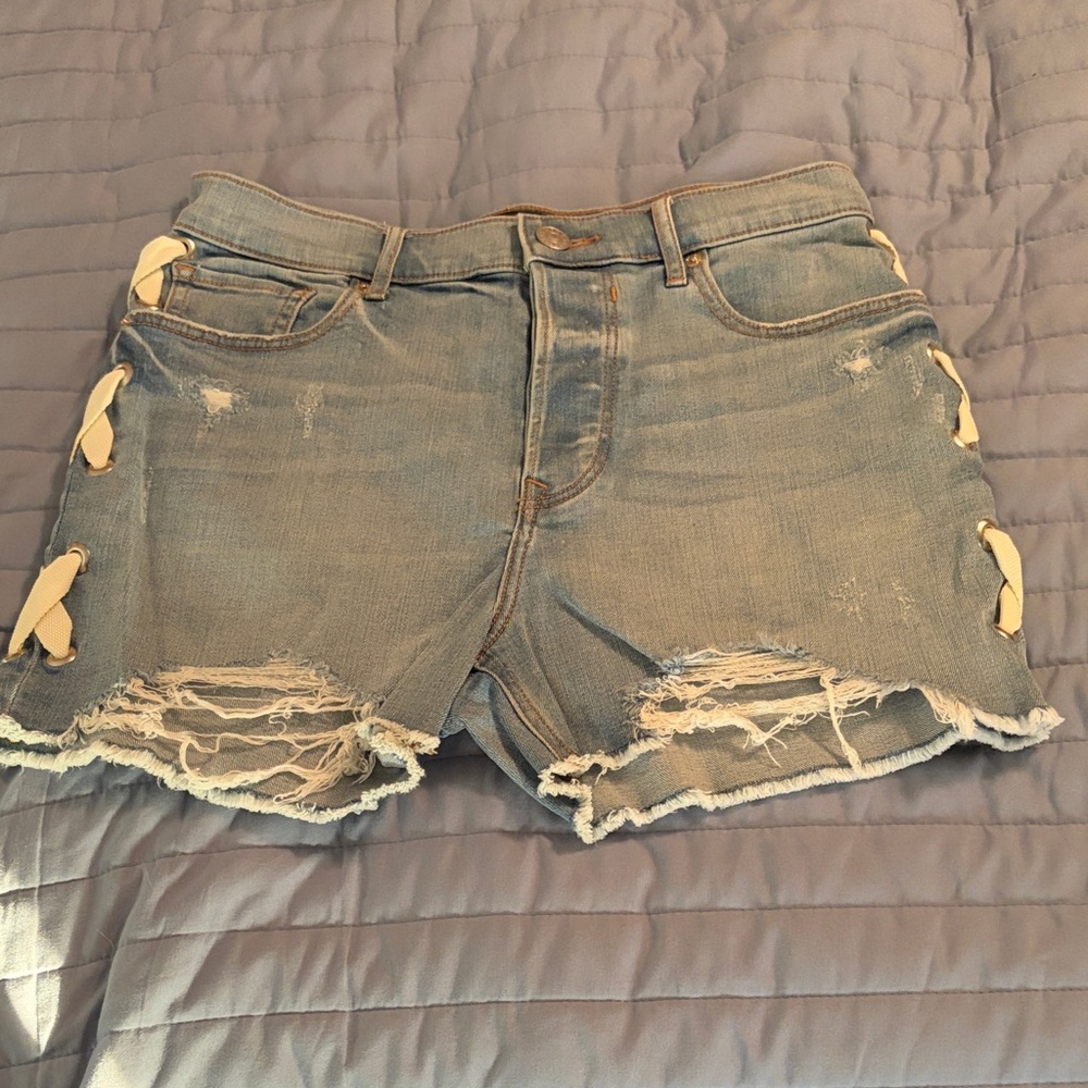 Express Light Blue Distressed Denim Shorts with Side Lace-Up
